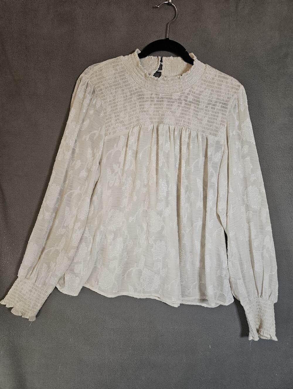 Knox Rose Women Large Mockneck Shirt Cream Sheer Floral Puff Sleeve Boho Cottage